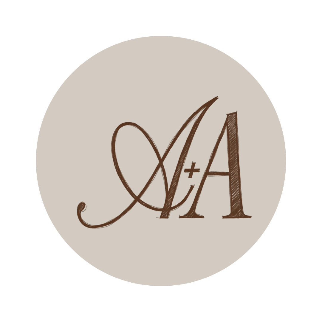 Circular Armine + Ambrose logo with stylized letters 'A' and 'A' on a beige background