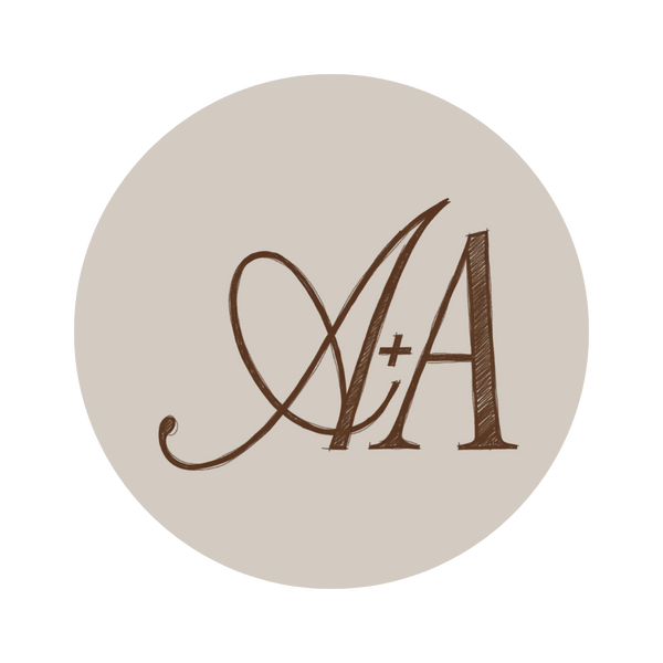 Circular Armine + Ambrose logo with stylized letters 'A' and 'A' on a beige background