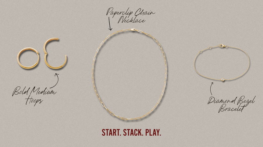 Jewelry set with paperclip chain necklace, bold medium hoop earrings, and diamond bezel bracelet on a gray background.