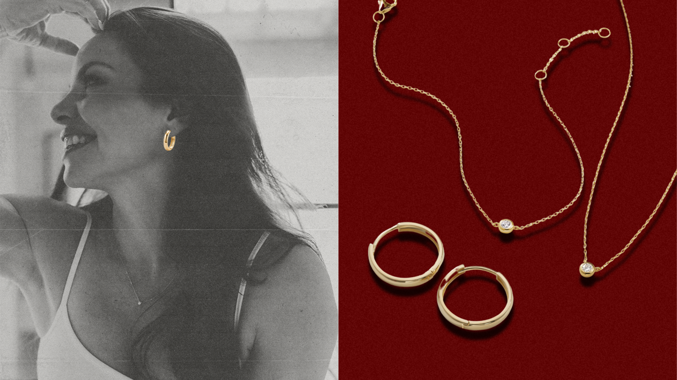 Jewelry set with gold rings and necklace on a red background, alongside a black and white photo of a woman.