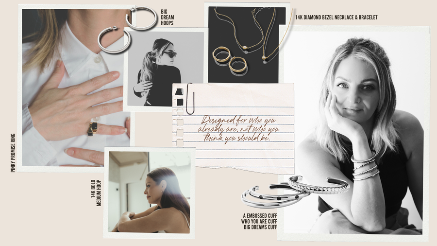 Jewelry advertisement featuring necklaces, bracelets, and rings with a model and that shows text like "bracelet" "hoops".