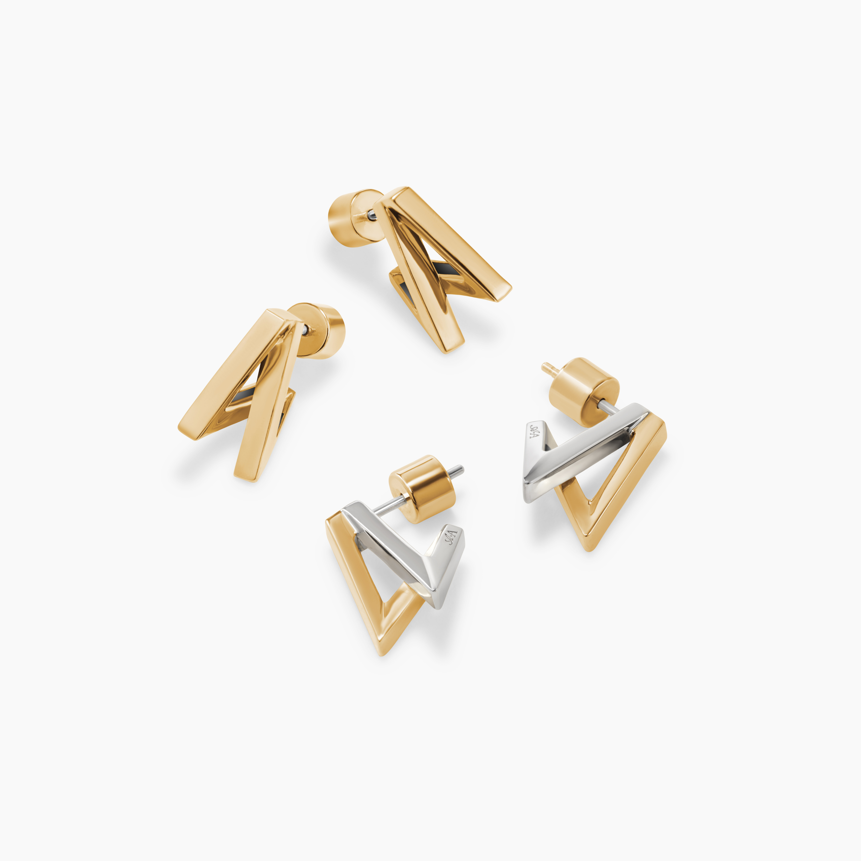 Armine and Ambrose Double Inverted A Designs showcasing all gold and  mixed metal gold and silver huggie on white background